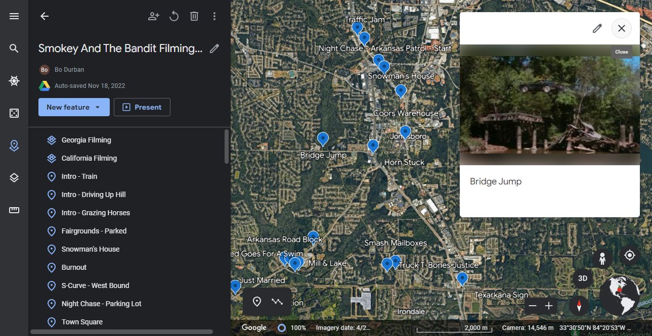 Smokey and the Bandit filming locations on Google Earth.